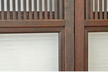 ★古民具 骨董 クリアと銀モールガラス入り腰板欅のガラス格子戸2枚セット(引き戸)