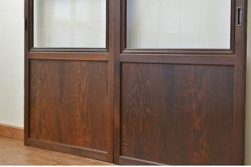 ★古民具・骨董 古い木のガラス入り帯戸2枚セット(ガラス帯戸、引き戸・ガラス戸)
