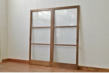 アンティーク 古い木のモールガラス引き戸2枚(ガラス戸・扉)