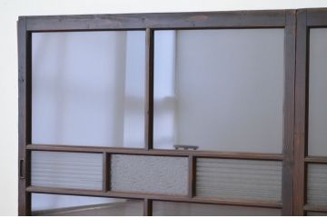 アンティーク　古い木のダイヤと銀モールガラスが入った窓2枚セット(引き戸、ガラス戸)