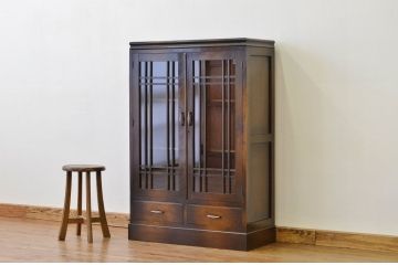 アンティーク家具　アンティーク古い木の格子扉本箱(収納棚・ブックケース)