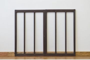 アンティーク　古いモールガラス引き戸2枚セット(ガラス戸)