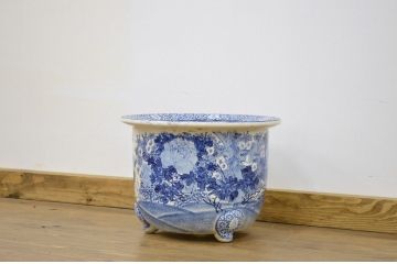 明治期・花鳥の図!古い染付植木鉢