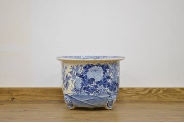 明治期・花鳥の図!古い染付植木鉢