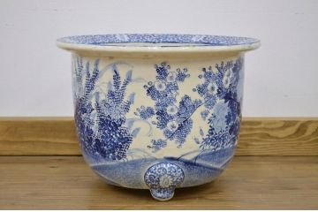 明治期・花鳥の図!古い染付植木鉢