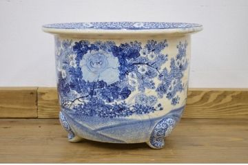 明治期・花鳥の図!古い染付植木鉢