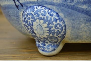 明治期・花鳥の図!古い染付植木鉢