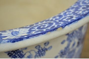 明治期・花鳥の図!古い染付植木鉢