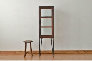アンティーク家具　人気の縦型!古い木の鉄脚ガラスケース(ショーケース)