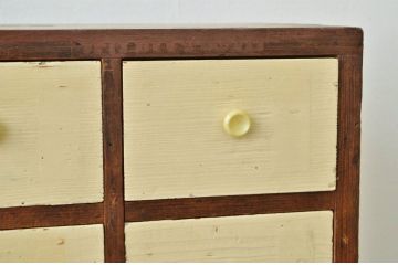 レトロ家具　昭和レトロ かわいいペイントのモールガラス収納棚(鉄脚付き)引き出し