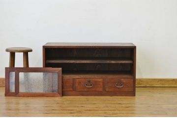 レトロ家具　昭和レトロ 結霜ガラスの前欅アンティークローボード