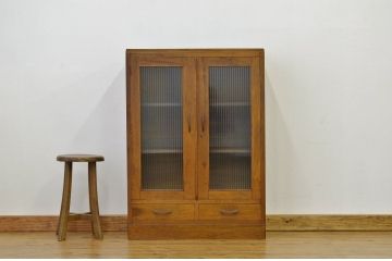 レトロ家具　アンティーク シンプルなモールガラスの引き出し付き本箱(収納棚)昭和レトロ