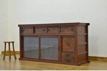 アンティーク家具　古い木の結霜ガラス水屋箪笥サイドボード?