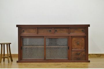 アンティーク家具　古い木の結霜ガラス水屋箪笥サイドボード?
