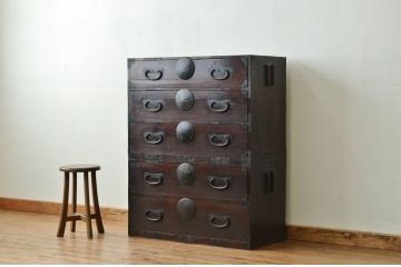 アンティーク家具　アンティーク☆重厚な五丁引き上下重ね時代箪笥(古民具・骨董)