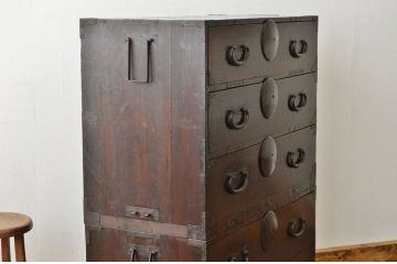 アンティーク家具　アンティーク☆重厚な五丁引き上下重ね時代箪笥(古民具・骨董)