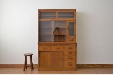レトロ家具　昭和レトロ 古いナラ材の作業台付き食器棚(アンティーク収納棚)
