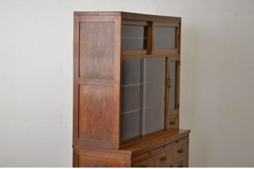 レトロ家具　昭和レトロ 古いナラ材の作業台付き食器棚(アンティーク収納棚)