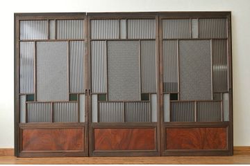 古民具・骨董 腰板欅の色ガラス入り高級引き戸3枚セット(建具・ガラス戸)