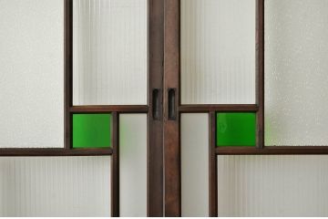 古民具・骨董 腰板欅の色ガラス入り高級引き戸3枚セット(建具・ガラス戸)