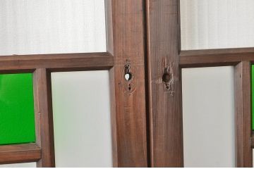 古民具・骨董 腰板欅の色ガラス入り高級引き戸3枚セット(建具・ガラス戸)