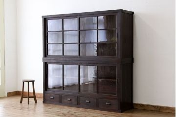 アンティーク家具　素敵な雰囲気!古い雑貨屋の大きなアンティーク二段重ね収納棚(ガラスケース)