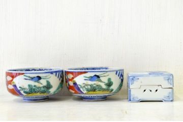 ○江戸〜明治!古い盃洗、盃台筆立、香合など8点(伊万里等)