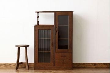 レトロ家具　昭和レトロ　古い栓材のモールガラスデザイン本箱アンティーク
