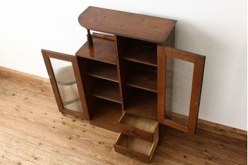 レトロ家具　昭和レトロ　古い栓材のモールガラスデザイン本箱アンティーク