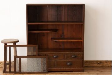 レトロ家具　昭和レトロ　古い木のアンティーク結霜ガラス収納棚(茶箪笥)