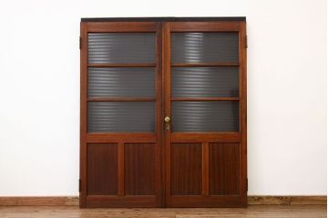 アンティーク　古い木のモールガラス観音開きドアセット(扉・建具)