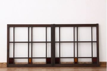 アンティーク　素敵なデザインの銀モールと色ガラス入り引き戸2枚セット?(ガラス戸・窓)