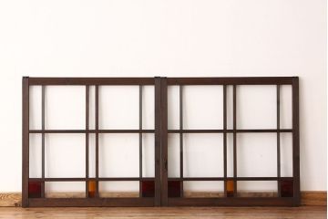 アンティーク　素敵なデザインの銀モールと色ガラス入り引き戸2枚セット?(ガラス戸・窓)
