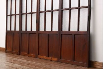 アンティーク　古い木の細身なダイヤガラス戸4枚セット(引き戸)