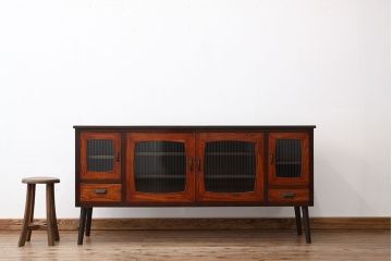 アンティーク家具　アンティーク　天板無垢材モールガラスサイドボード(リビングボード)(収納棚)