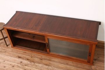 アンティーク家具　アンティーク　古い木のモールガラスローボード(リビングボード)