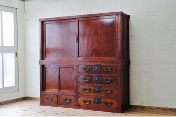 アンティーク家具　極上!古い欅材の重厚な二段重ね収納箪笥