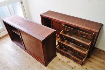 アンティーク家具　極上!古い欅材の重厚な二段重ね収納箪笥