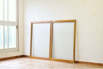 古い木の銀モールガラス引き戸2枚セット