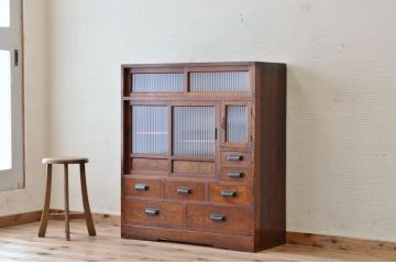 アンティーク家具　前面欅!モールガラスアンティーク収納棚(食器棚)