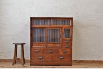 アンティーク家具　前面欅!モールガラスアンティーク収納棚(食器棚)