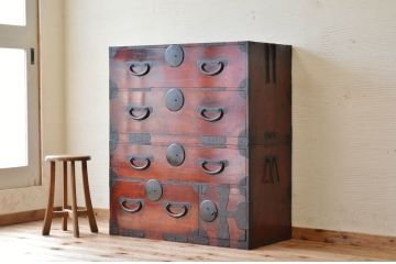 アンティーク家具　☆古民具　骨董　漆の綺麗な味のある二段重ね時代箪笥