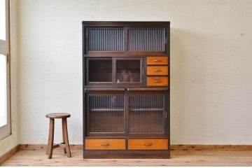 アンティーク家具　作業台付きモールガラスアンティーク食器棚