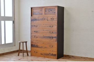 アンティーク家具　◇古民具　骨董　三段重ね前黒柿時代箪笥