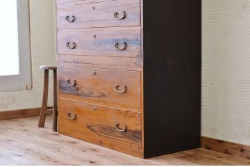 アンティーク家具　◇古民具　骨董　三段重ね前黒柿時代箪笥