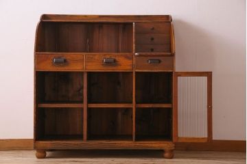 アンティーク家具　和製アンティーク　リメイク品　モールガラス入りデスクサイドキャビネット(サイドボード)