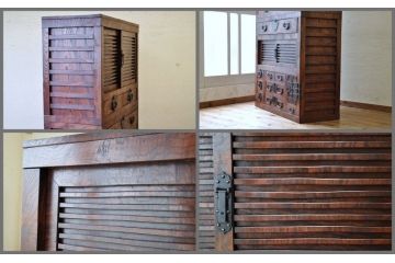 アンティーク家具　前面玉杢　極厚金具の三方欅美濃帳場箪笥