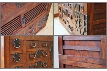 アンティーク家具　前面玉杢　極厚金具の三方欅美濃帳場箪笥