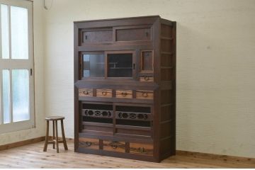 アンティーク家具　古民具　骨董　明治〜大正　黒柿と欅玉杢の上品な水屋箪笥