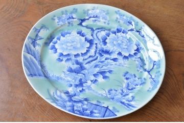 アンティーク雑貨　明治期!花鳥の図　染付青磁大皿